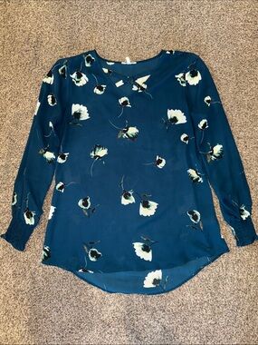 Maurices Floral Print Blue Long-Sleeve Blouse